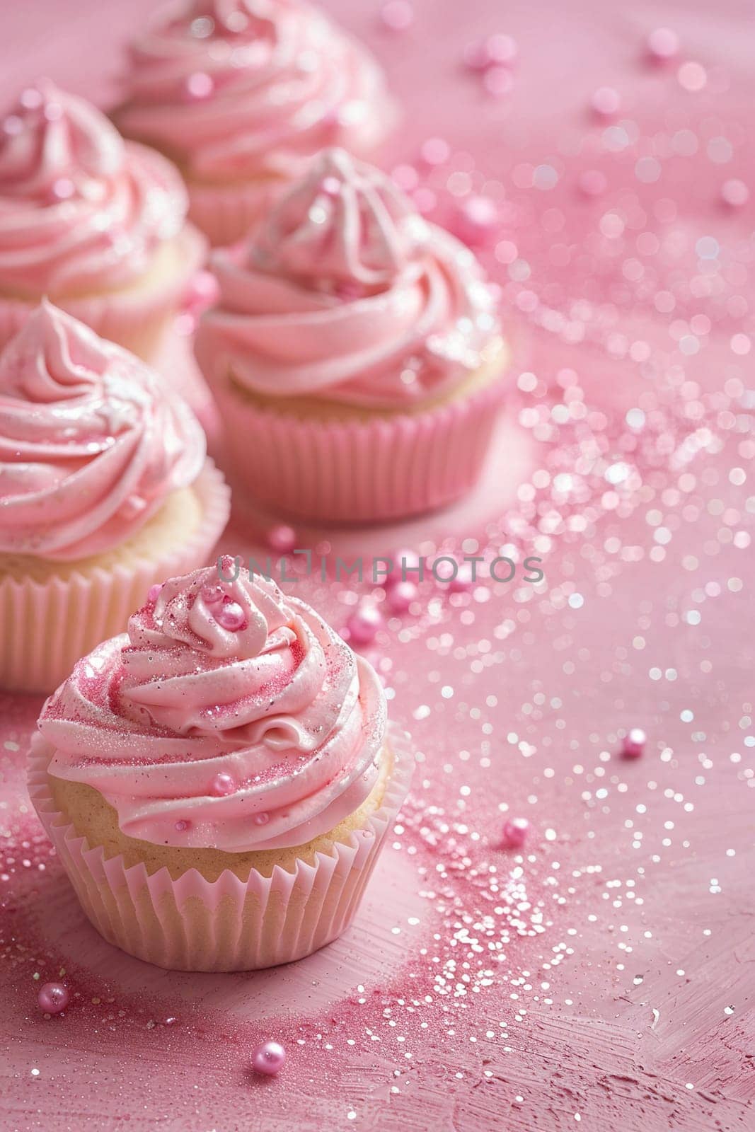 Pink vertical background with glittering cupcakes, copy space. Womens Day. Its a girl backdrop with empty space. Baby shower or birthday invitation, party. Baby girl birth announcement. Generative AI