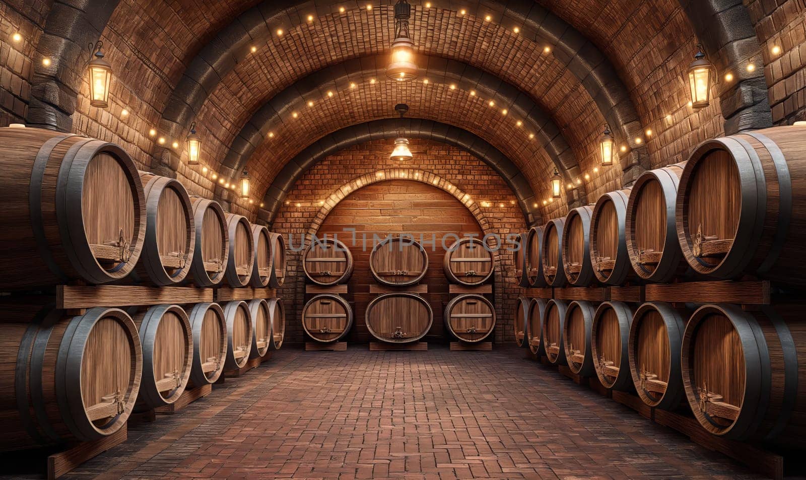 Large barrels in the cellar of the winery. Selective soft focus.