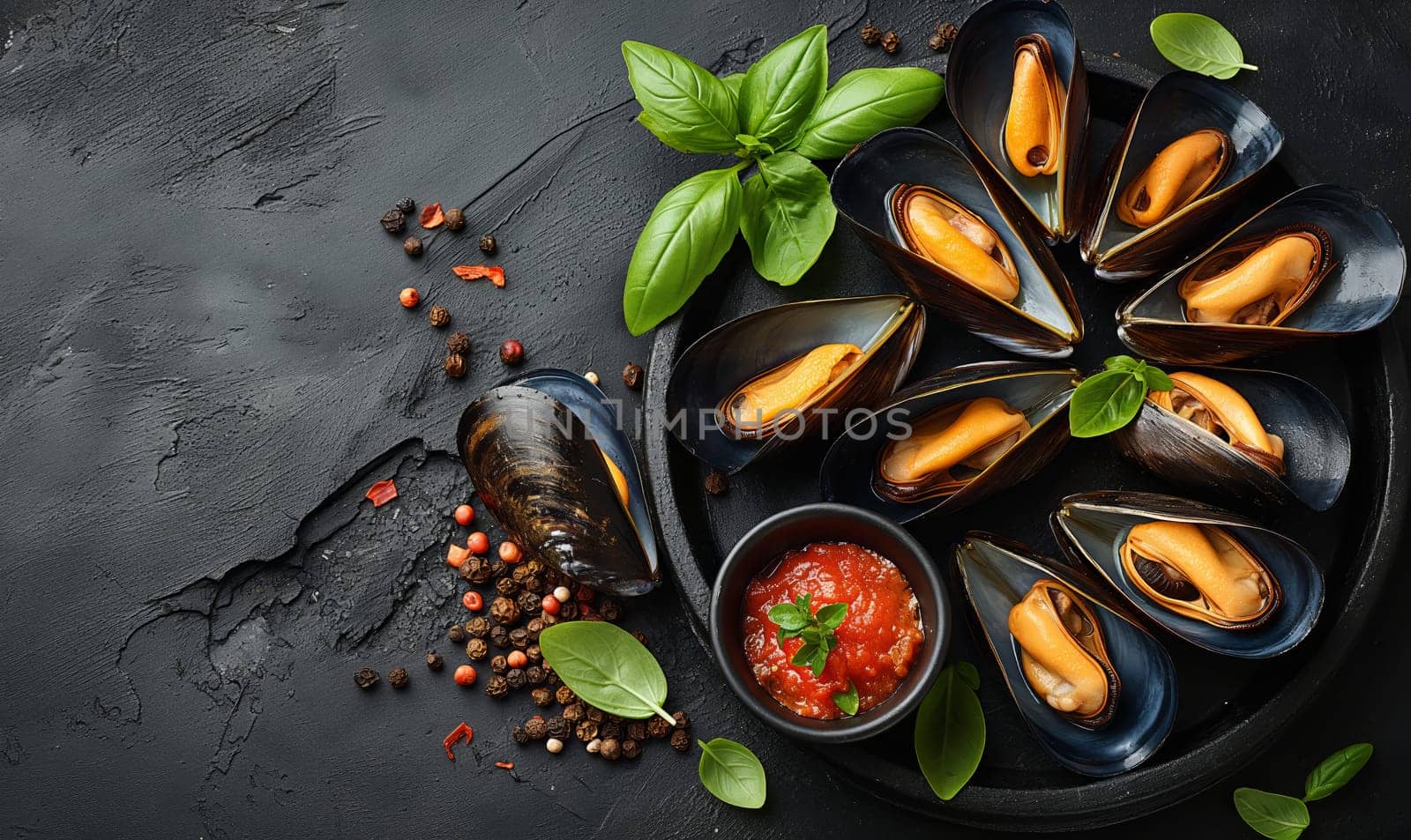 Mussels on a dark background top view. by Fischeron