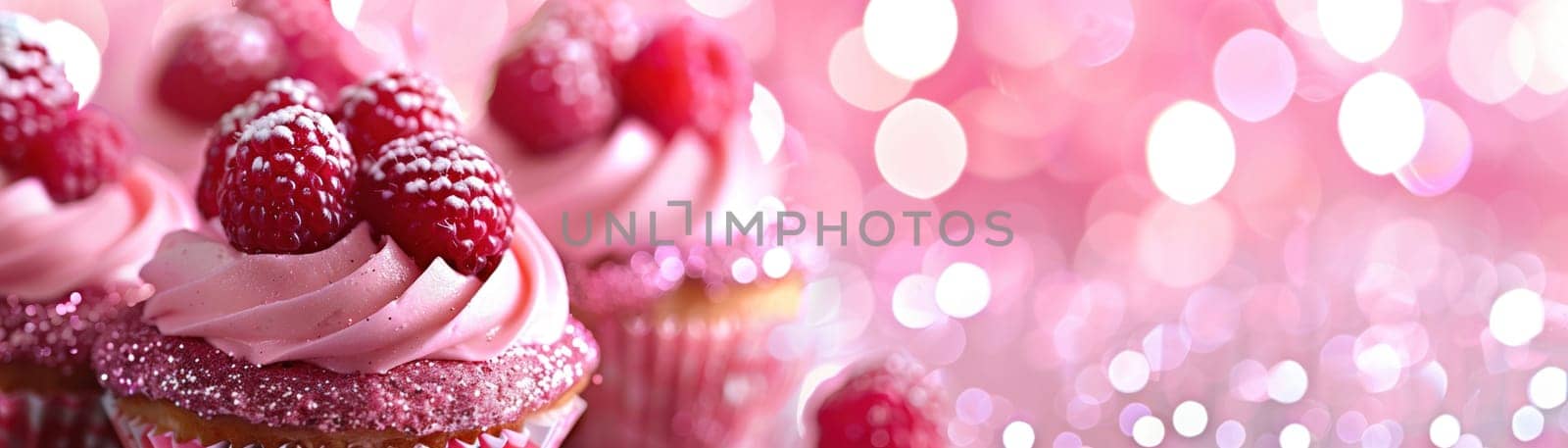 Pink background with elegant glittering cupcakes, copy space. Women's Day. Its a girl backdrop with empty space. Baby shower or birthday invitation, party. Baby girl birth announcement. Generative AI