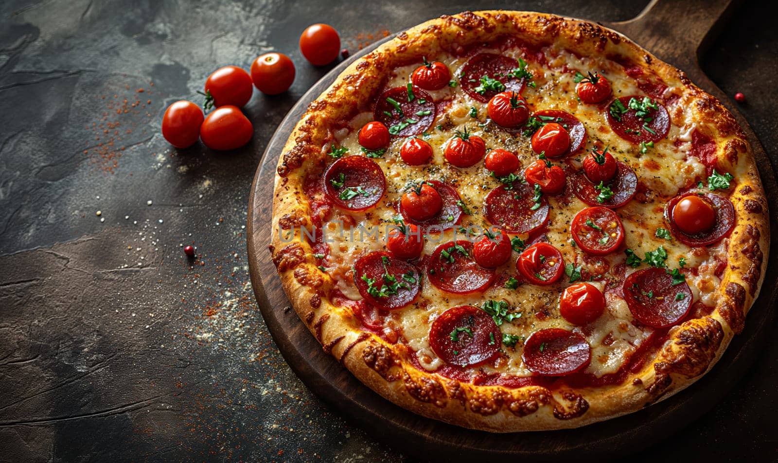 Appetizing pizza with sausage on the table. Selective soft focus.