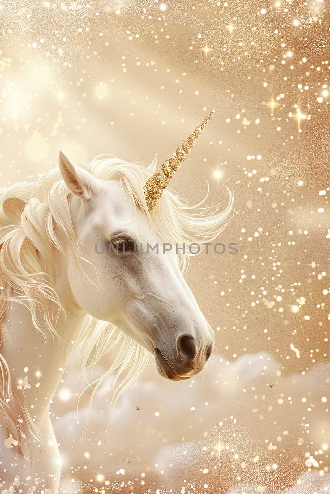 A magical unicorn with a sparkling horn, set against a backdrop of glittering lights, ideal for fantasy themes, childrens books, or enchanting event promotions, with space for text. Generative AI