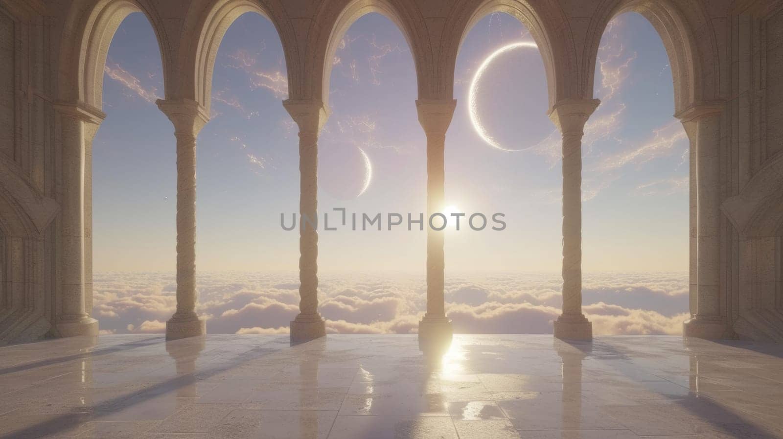 A view of a room with pillars and clouds in the sky