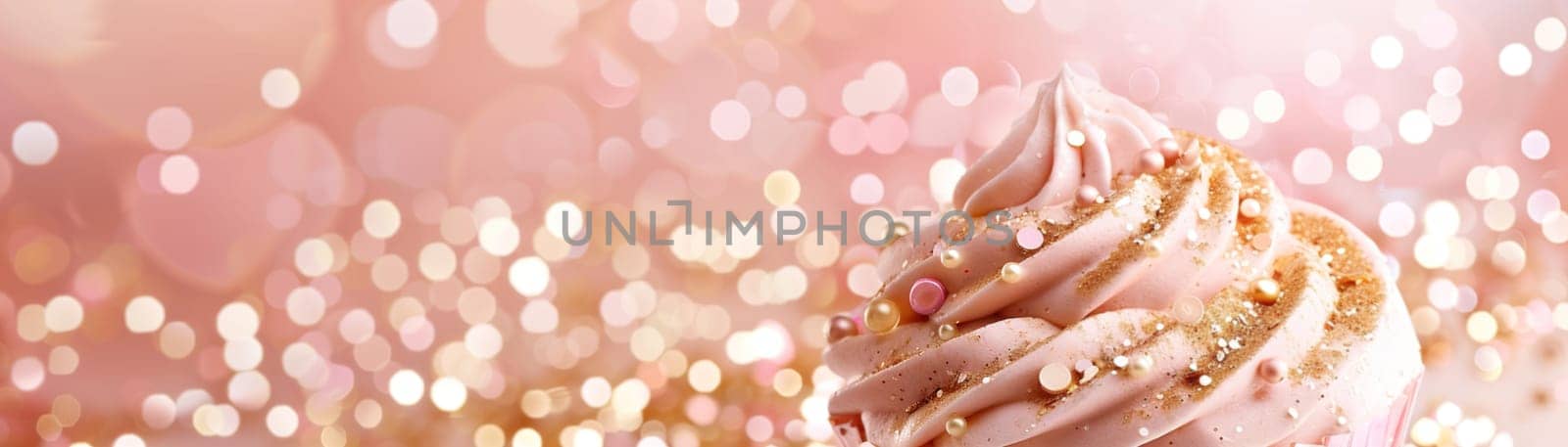Pink background with elegant glittering cupcake, copy space. Women's Day. It's a girl backdrop with empty space. Baby shower or birthday invitation, party. Baby girl birth announcement. Generative AI