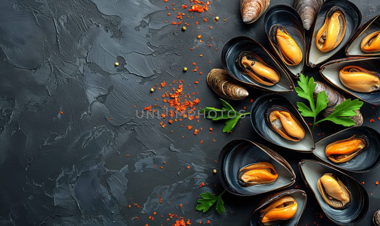 Mussels on a dark background top view. by Fischeron