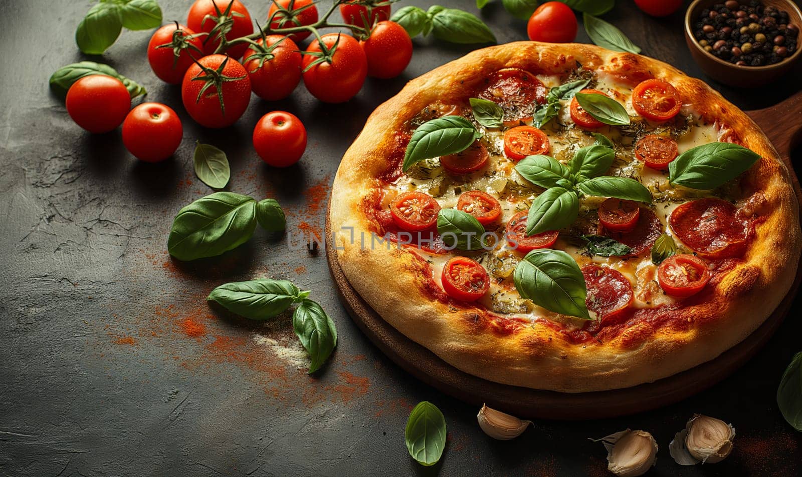 Appetizing pizza with sausage on the table. Selective soft focus.