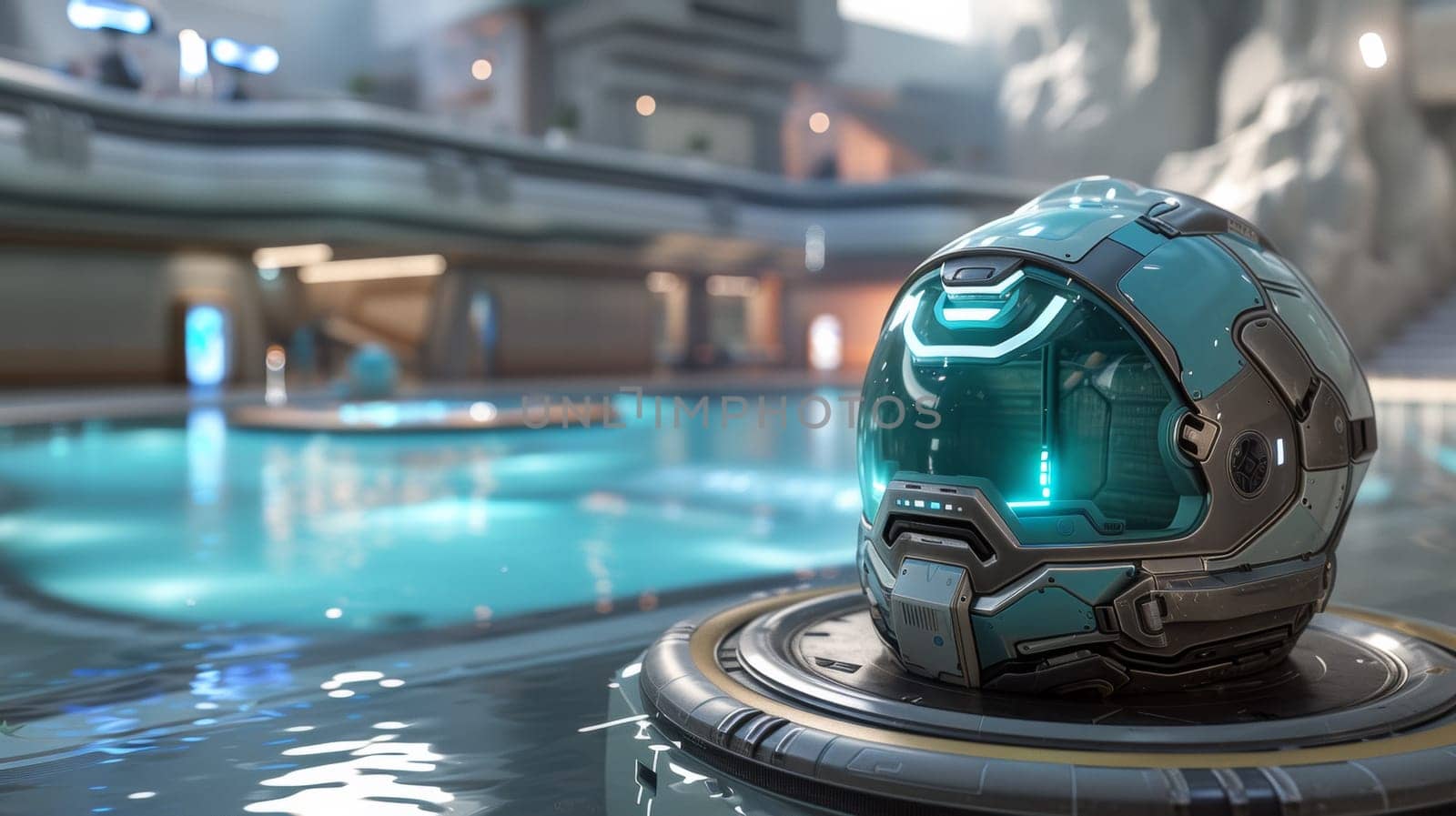 A helmet on a table in front of an indoor pool