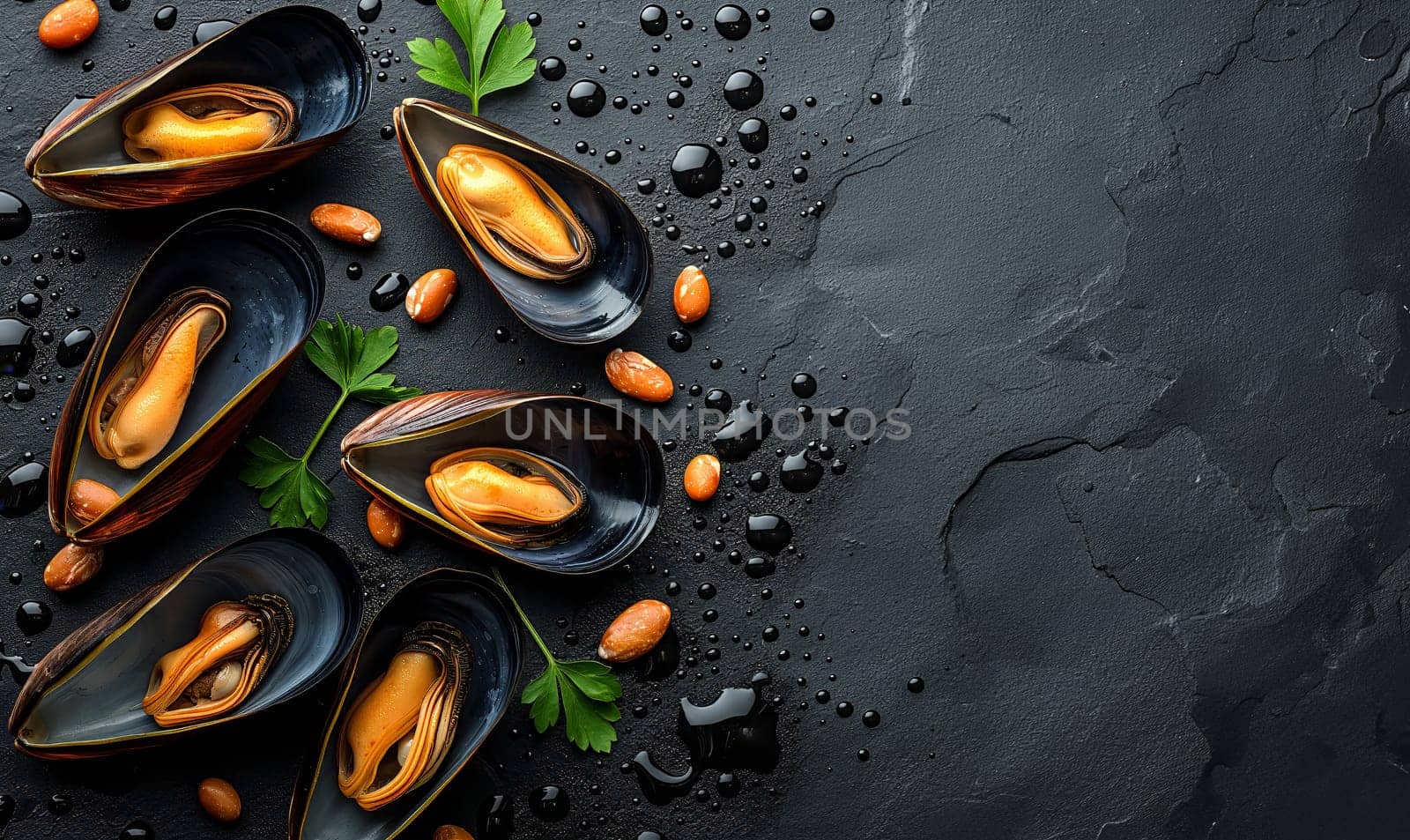 Mussels on a dark background top view. by Fischeron