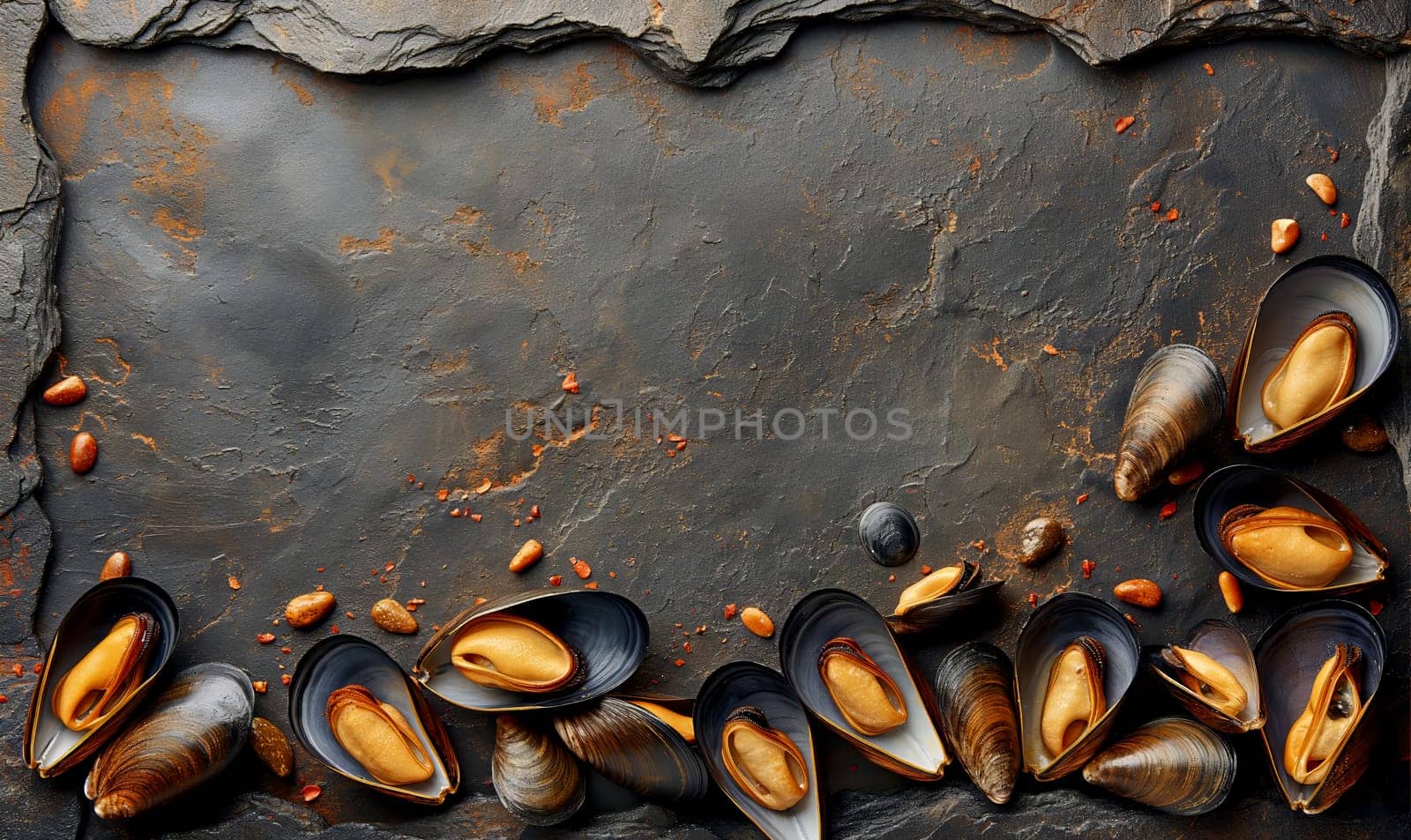 Mussels on a dark background top view. Selective soft focus.