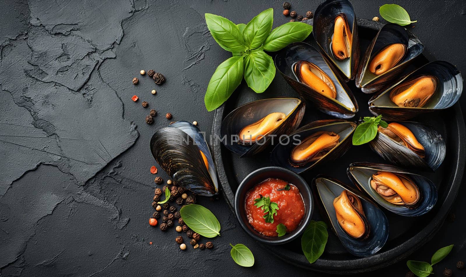 Mussels on a dark background top view. by Fischeron