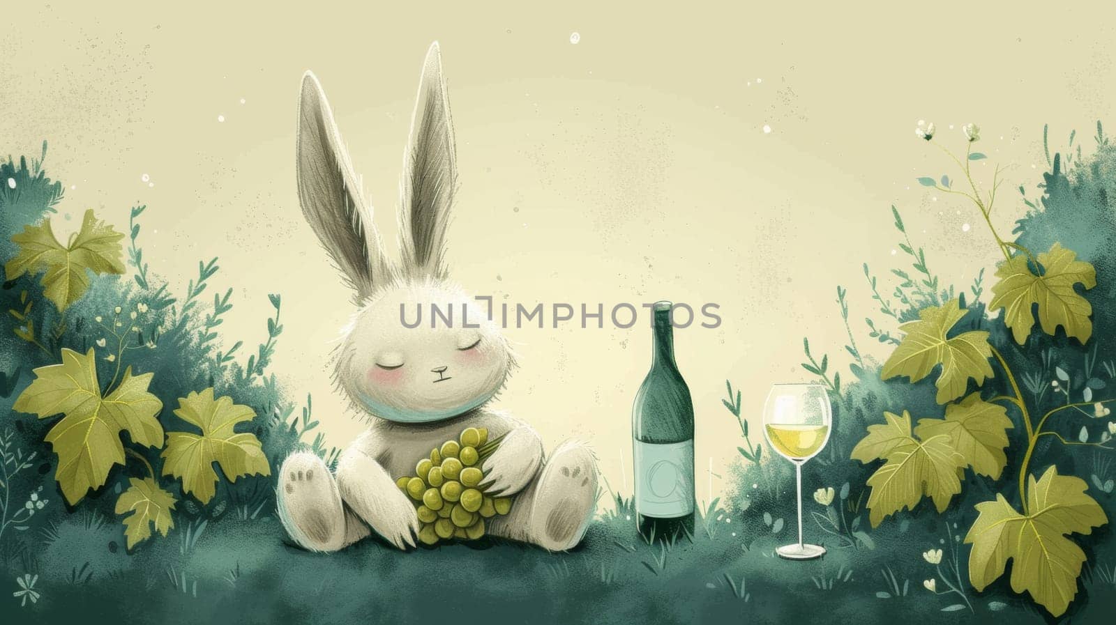 A rabbit holding a bottle of wine and grapes next to some vines