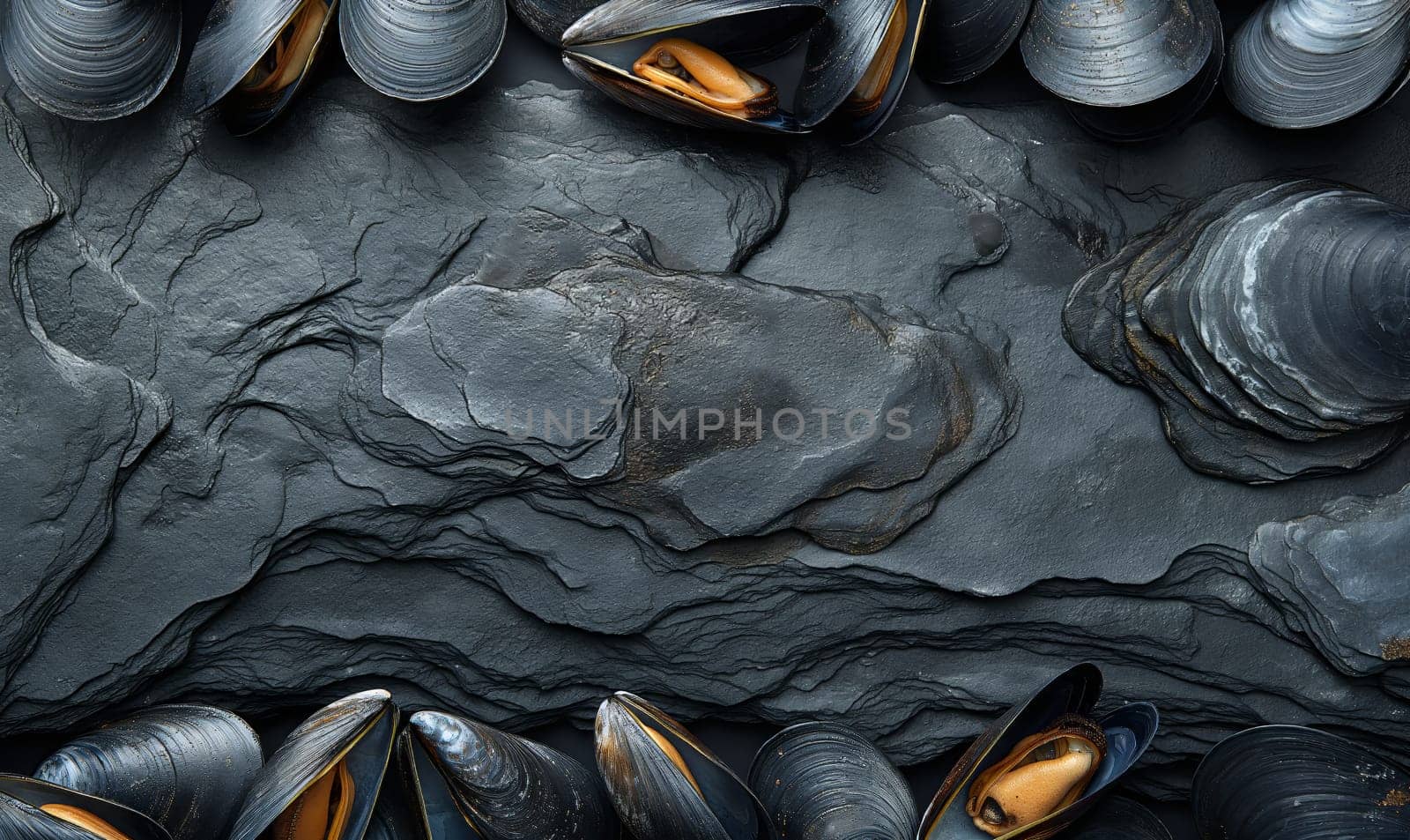 Mussels on a dark background top view. Selective soft focus.