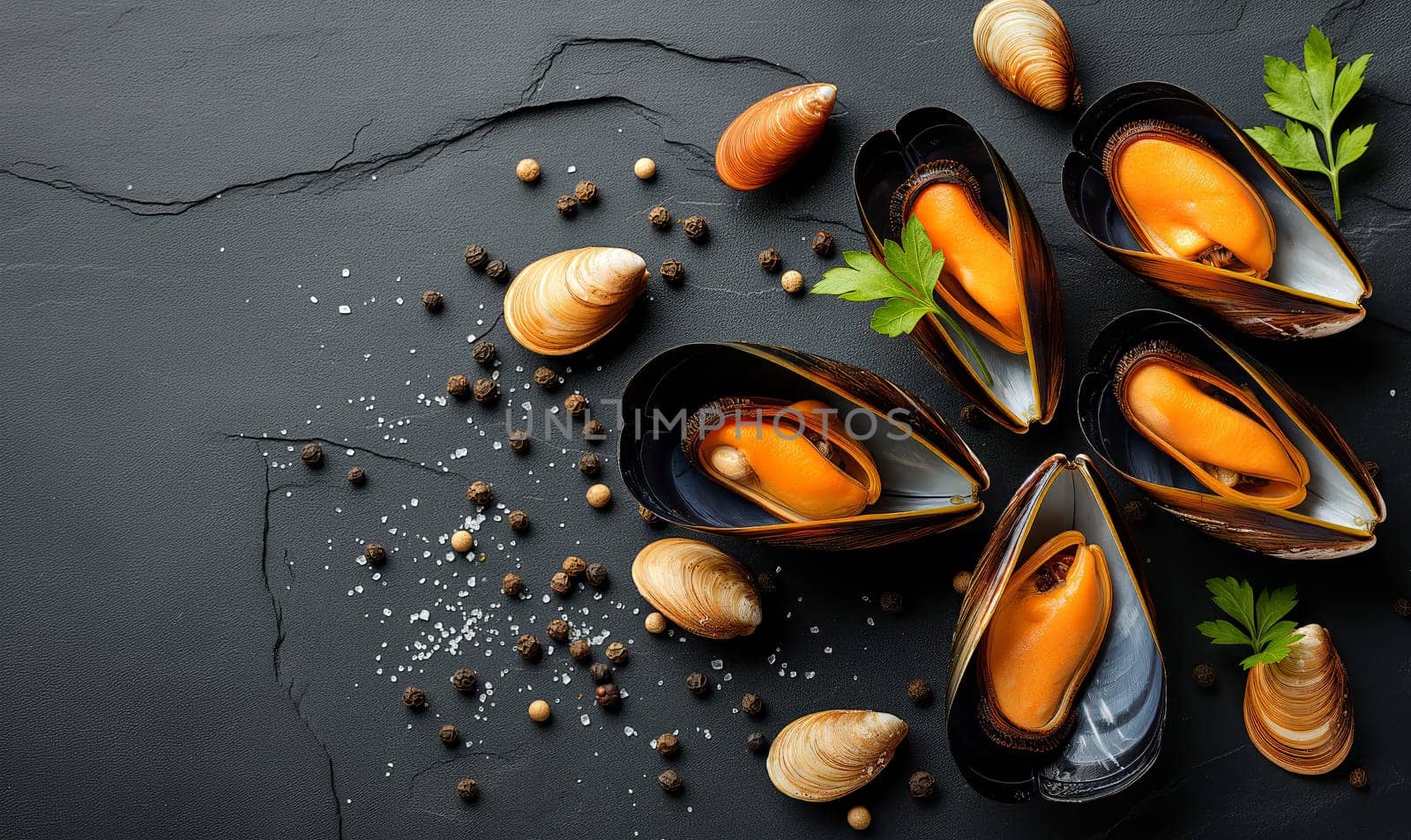 Mussels on a dark background top view. by Fischeron