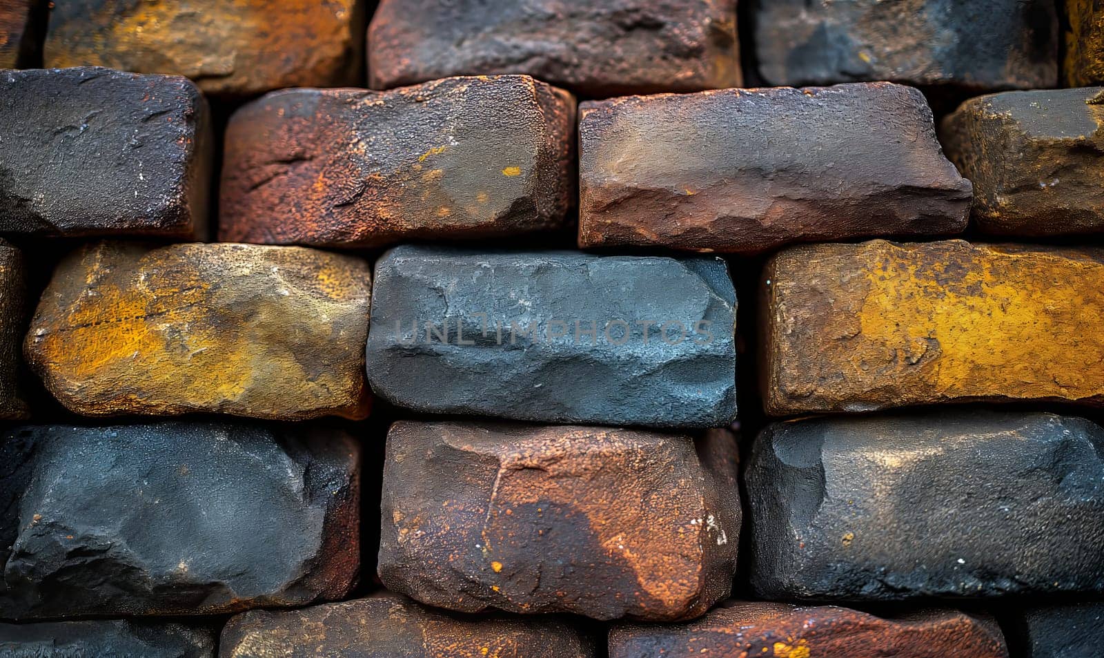 Creative background of an old wall made of colored bricks. Selective soft focus.