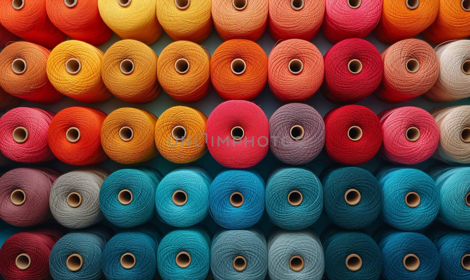 Creative background from spools of multi-colored threads. Selective soft focus.