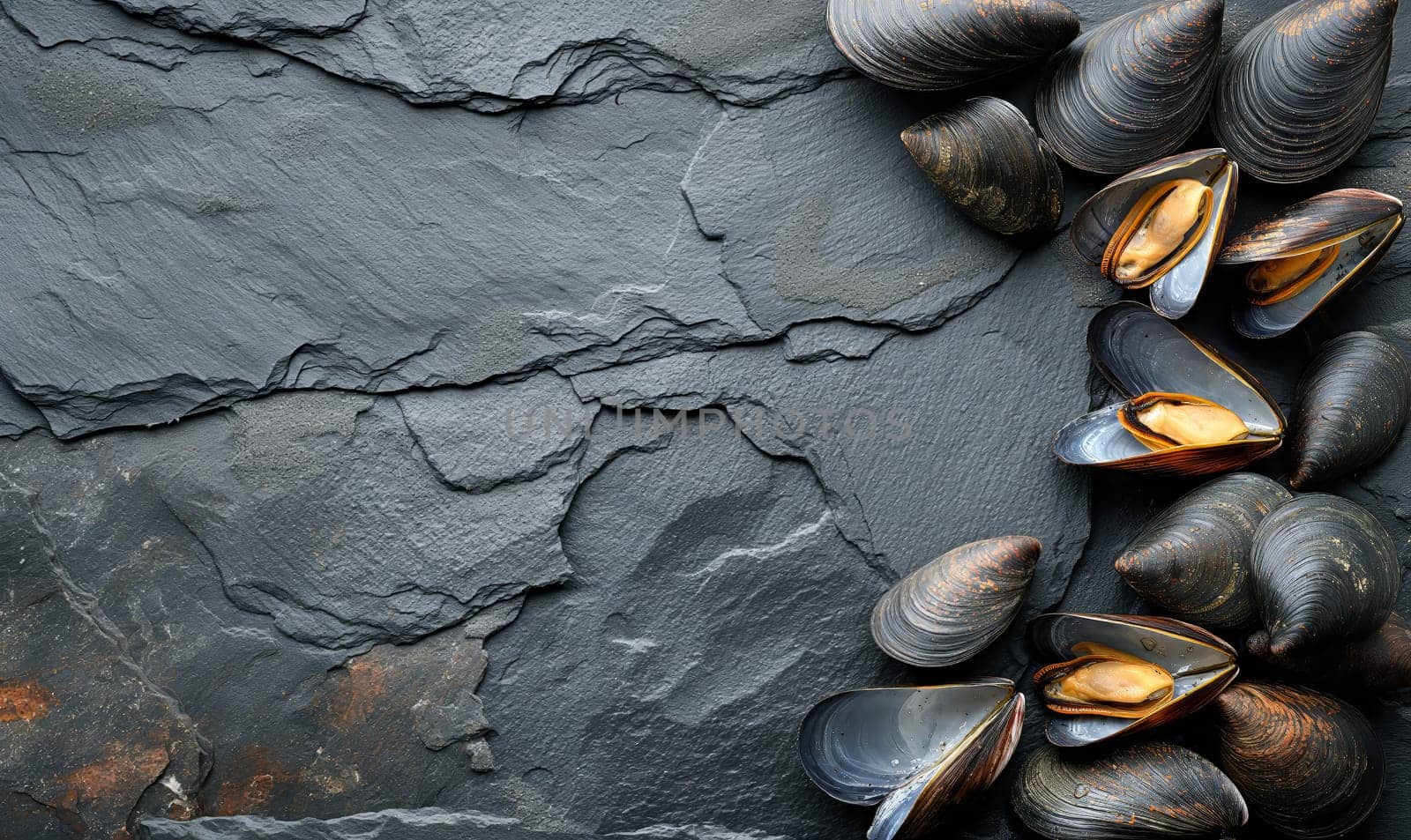 Mussels on a dark background top view. by Fischeron