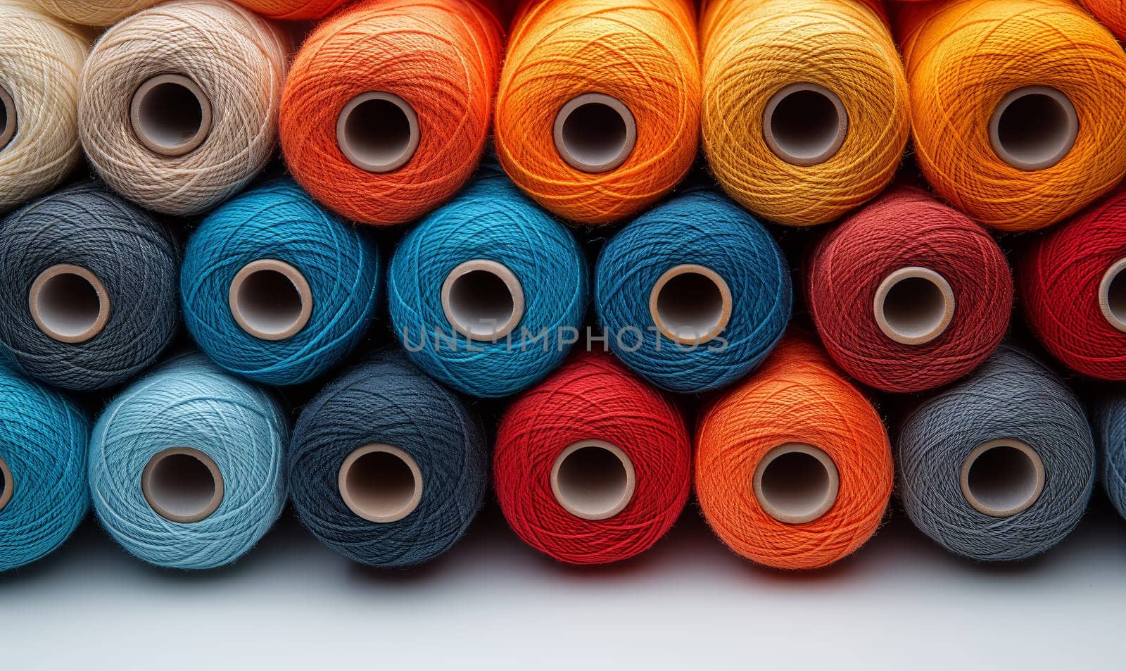 Spools of multi-colored threads on a white background. Selective soft focus.