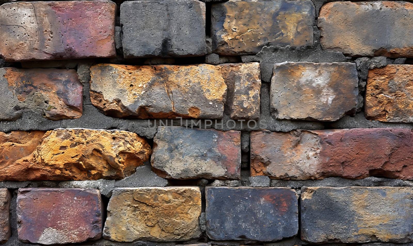 Creative background of an old wall made of colored bricks. by Fischeron