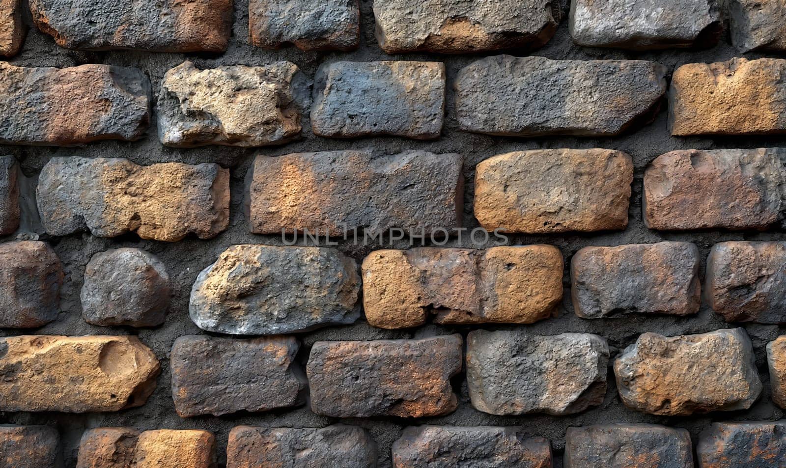 Creative background of an old wall made of colored bricks. by Fischeron