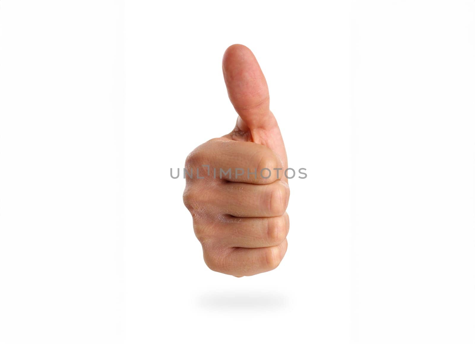 Male arm showing OK or confirm sign with thumb up closeup isolated on white background. High level and quality adviser offer and happy client