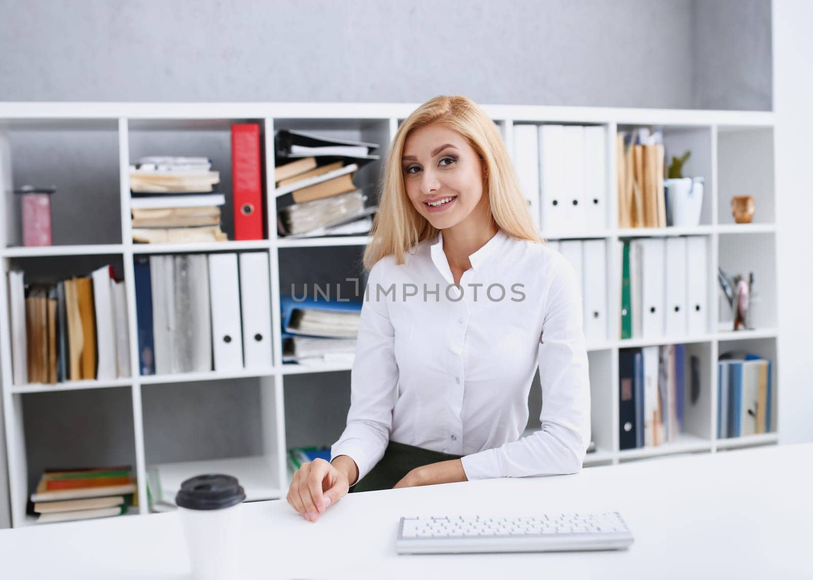 Beautiful smiling businesswoman portrait at workplace look in camera. White collar worker at workspace exchange market job offer certified public accountant internal Revenue officer concept