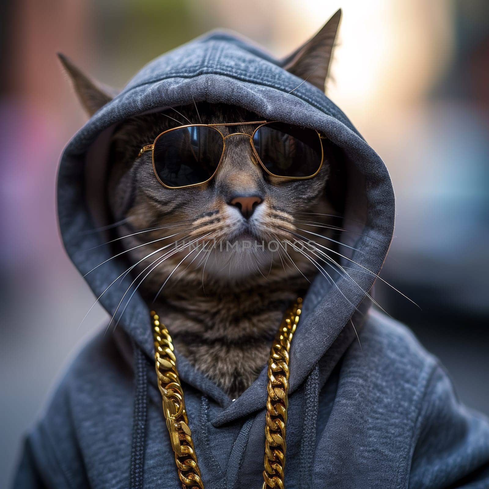 A cat wearing a hoodie and sunglasses with gold chains