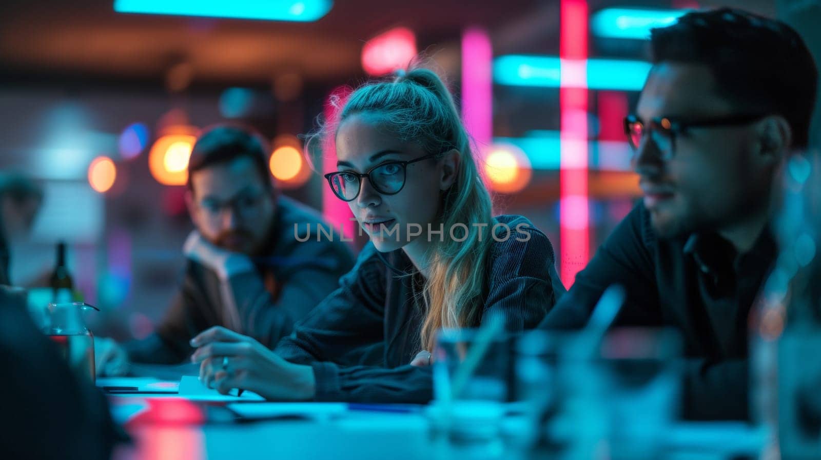 A group of people sitting at a table with glasses and pens