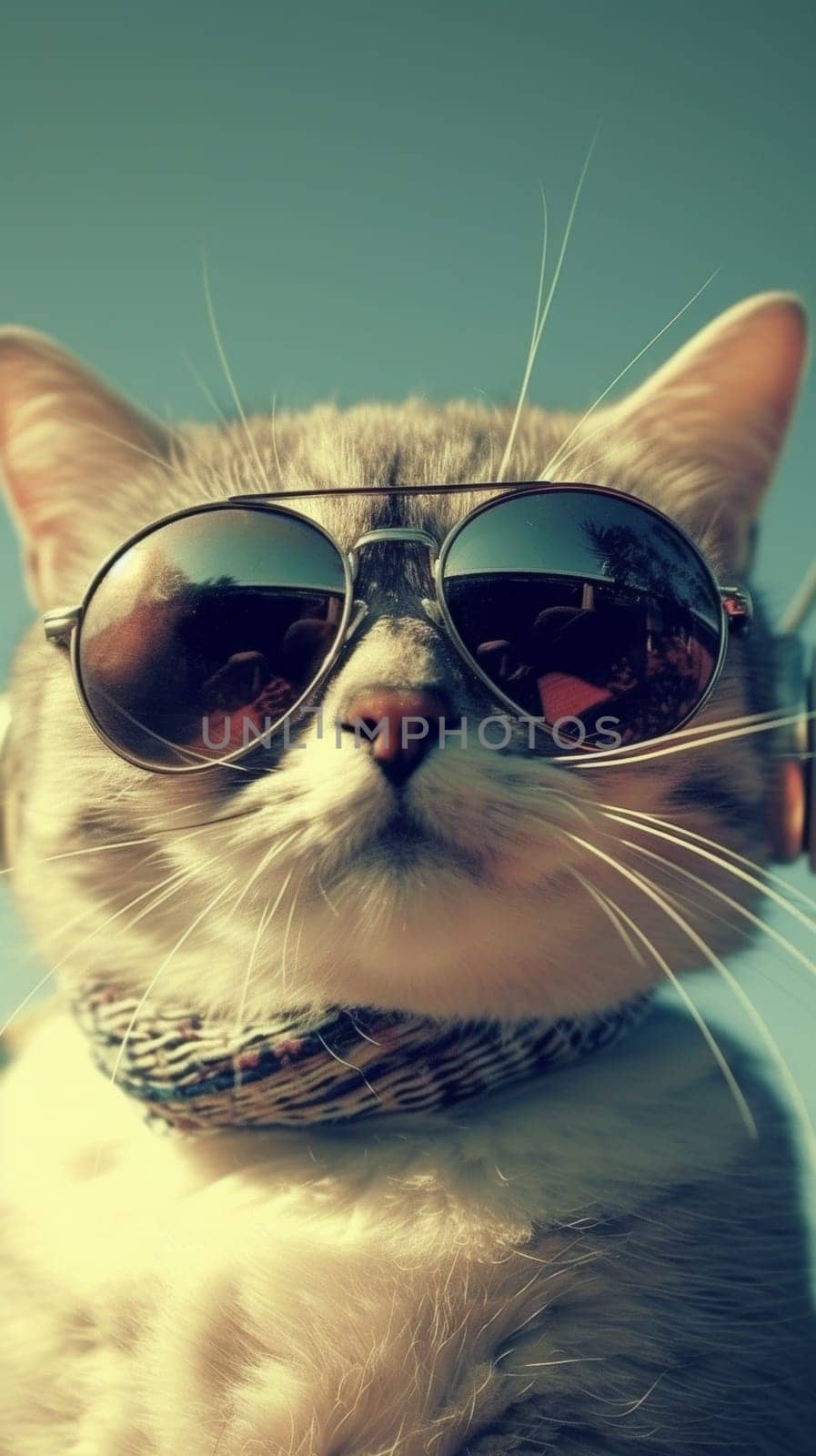 A cat wearing sunglasses and a pair of headphones with the sun shining on it
