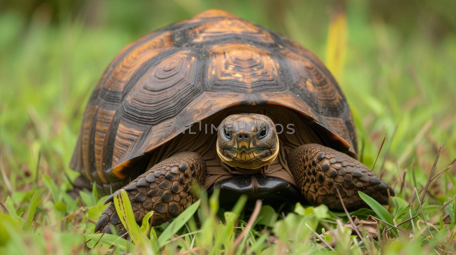 A turtle sitting in the grass with its head turned to look at something