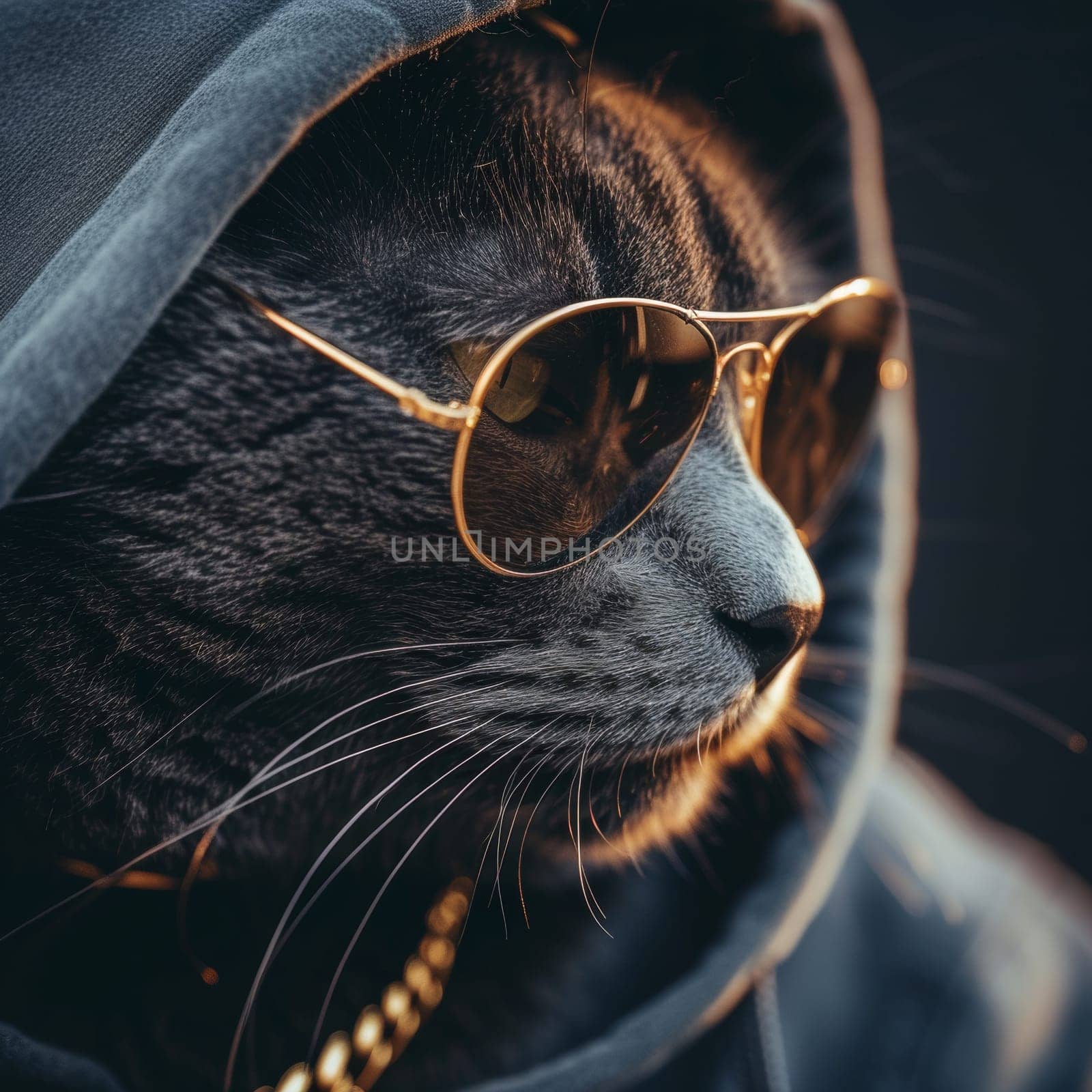 A close up of a cat wearing sunglasses and gold chains