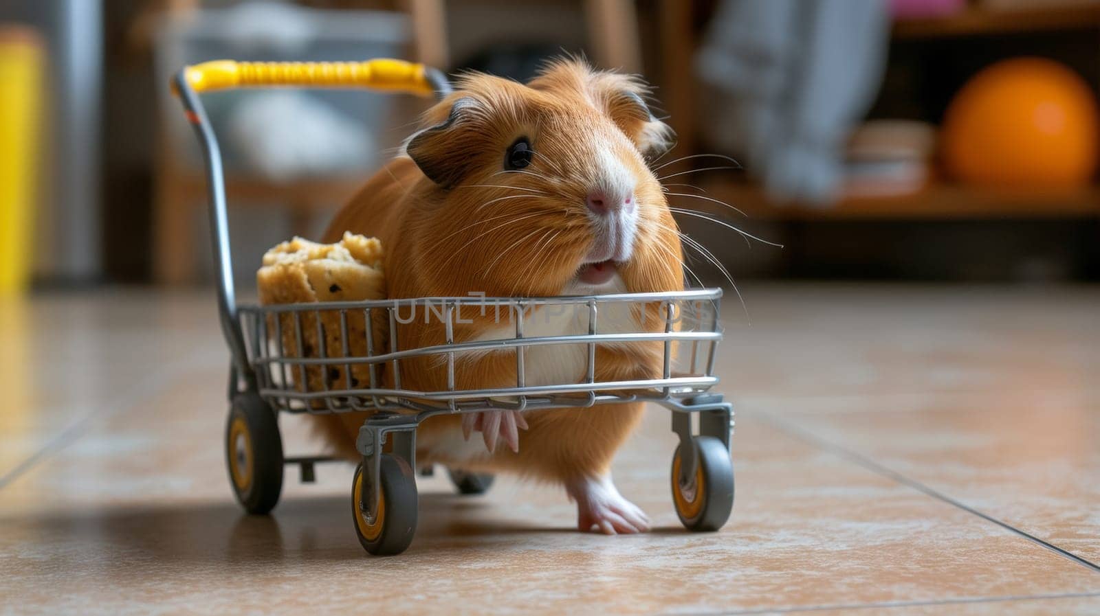 A guinea pig in a shopping cart with food inside, AI by starush