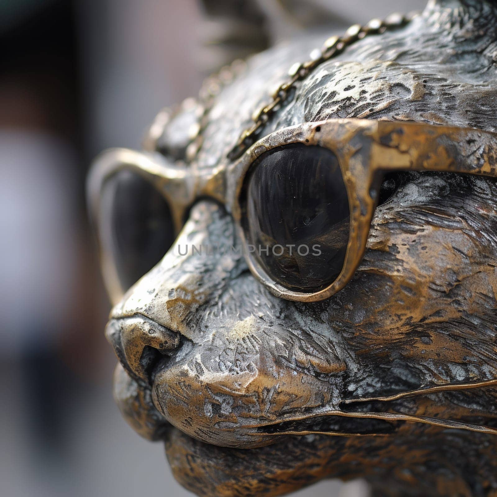 A close up of a statue with sunglasses on its head