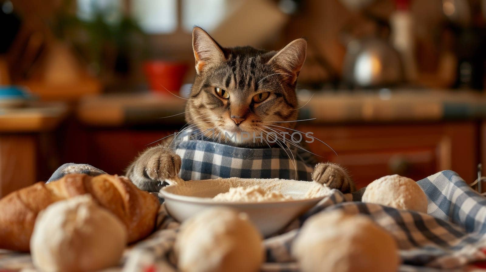 A cat sitting in a chair with bread and croissants on the table, AI by starush