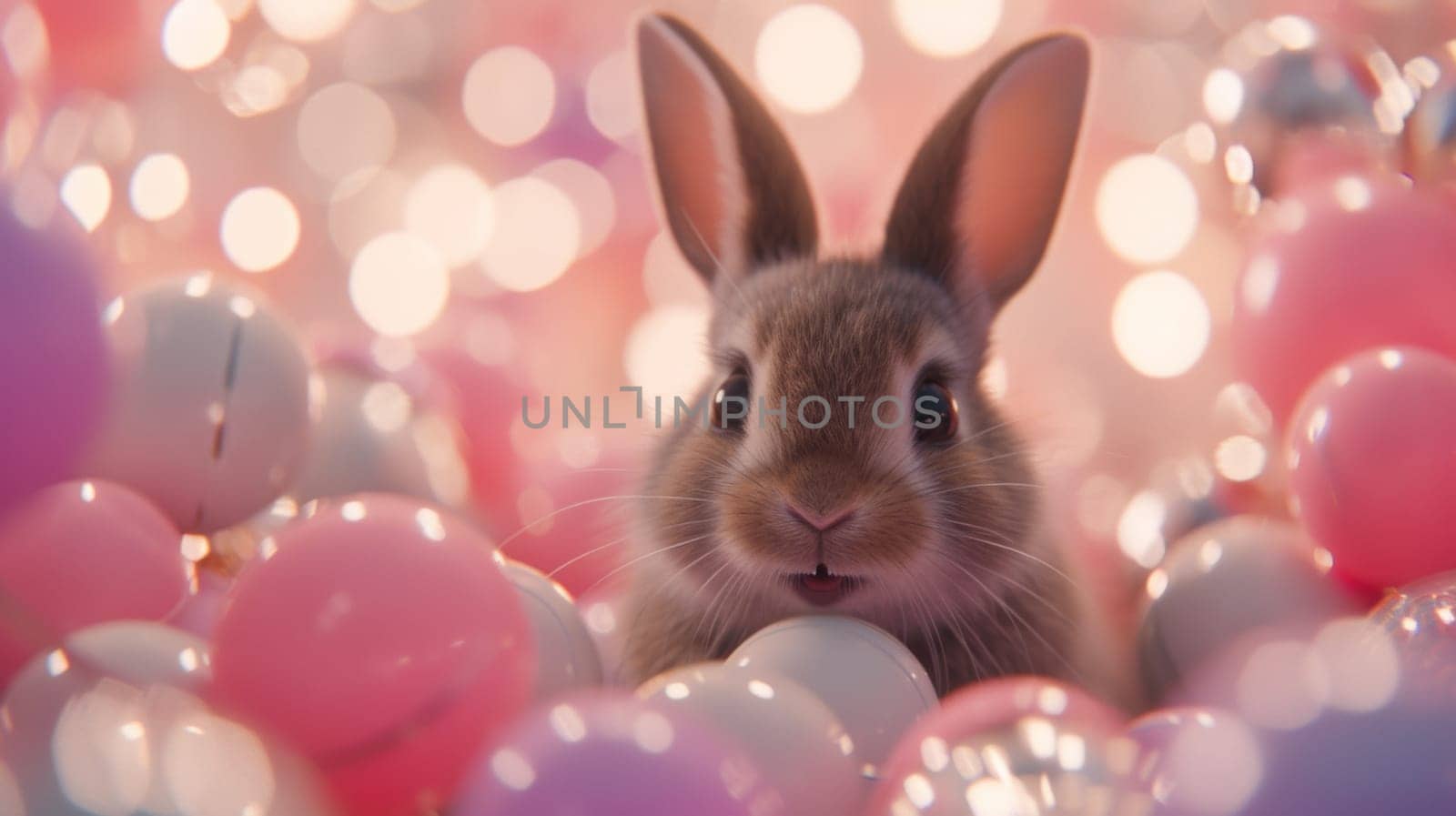 A rabbit sitting in a bunch of pink and white balls