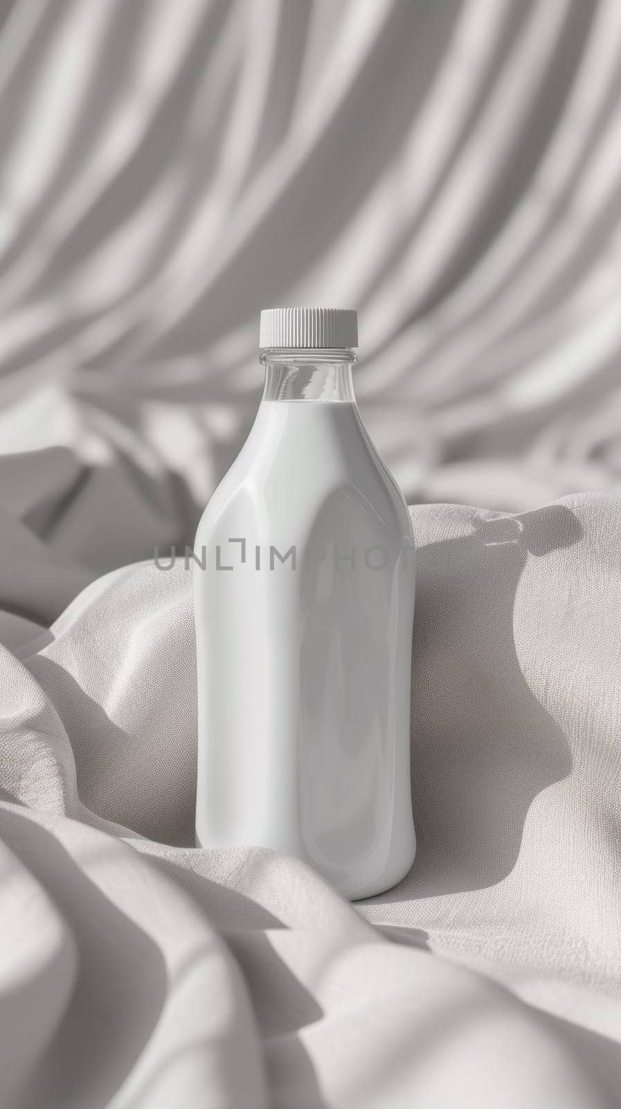 A bottle of milk on a white sheet with some fabric