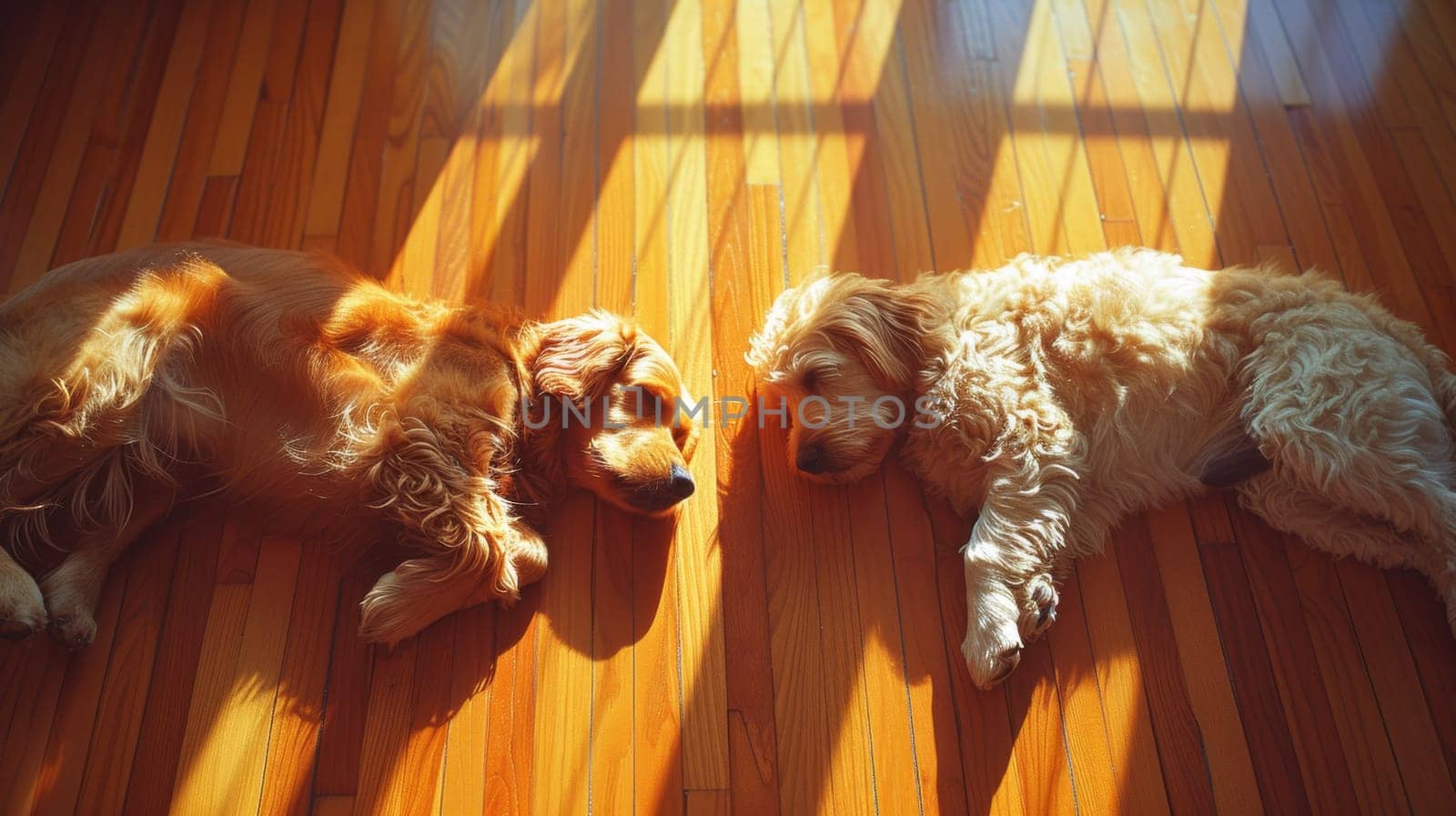 Two dogs laying on a hard wood floor with sunlight shining through