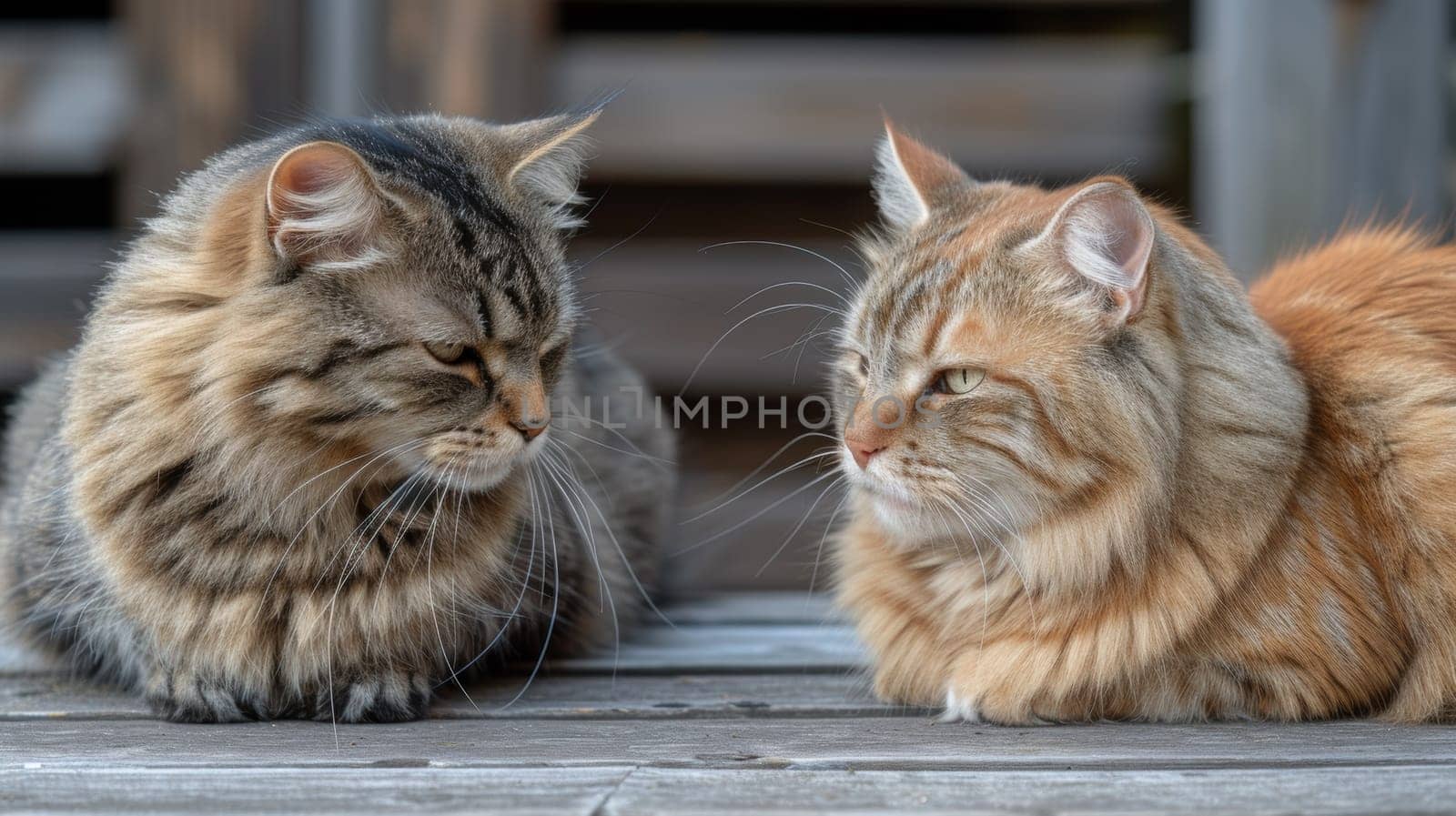 Two cats sitting on a wooden table looking at each other, AI by starush