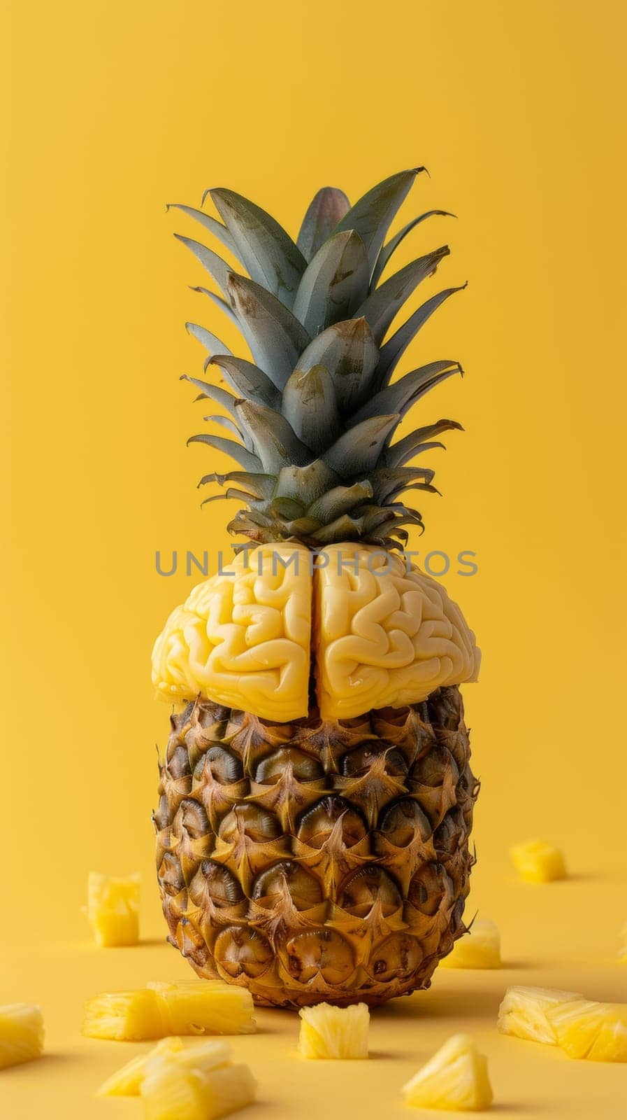 A pineapple with a brain on top of it and some pineapples