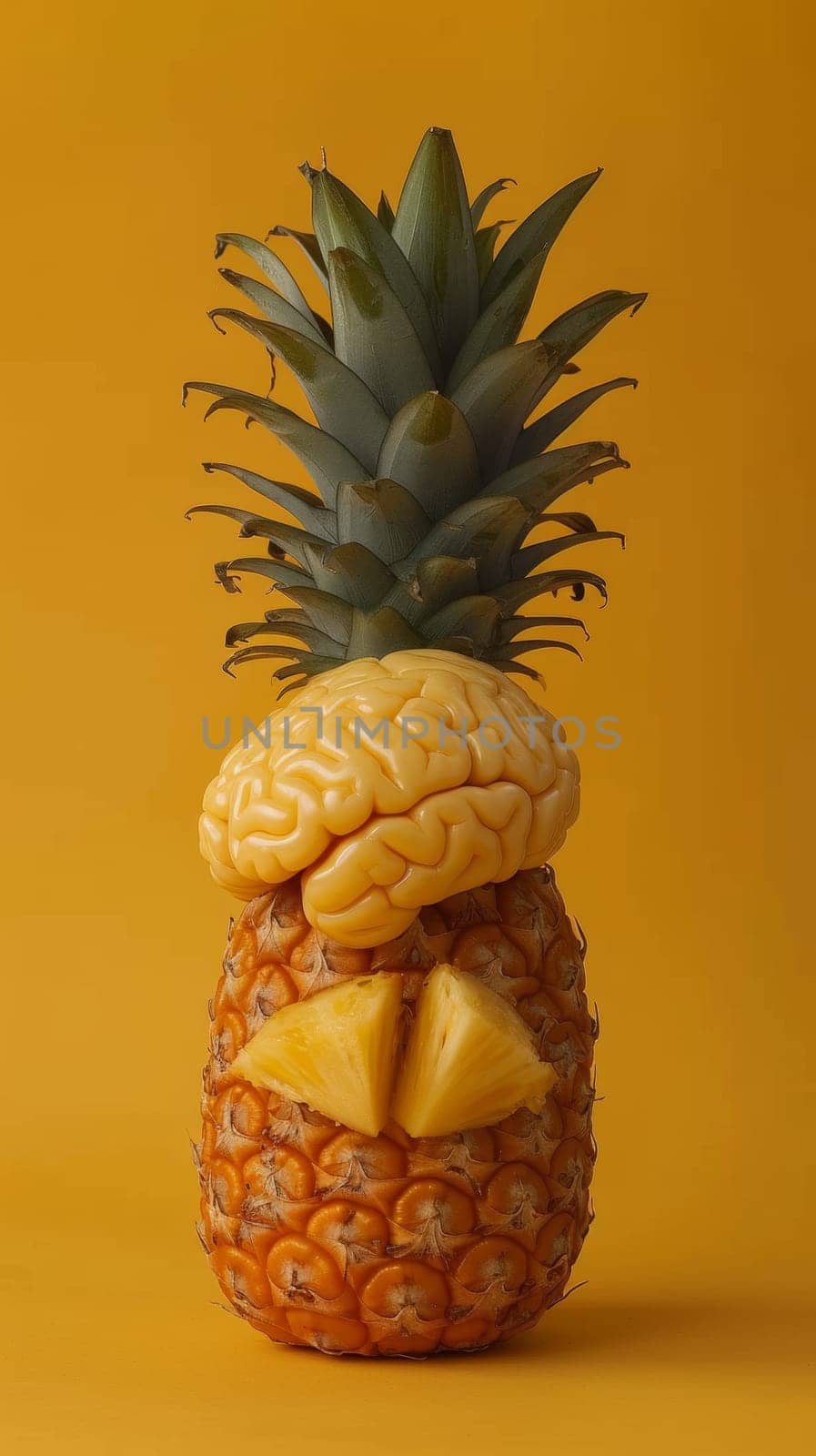 A pineapple with a brain made out of pineapples and bananas