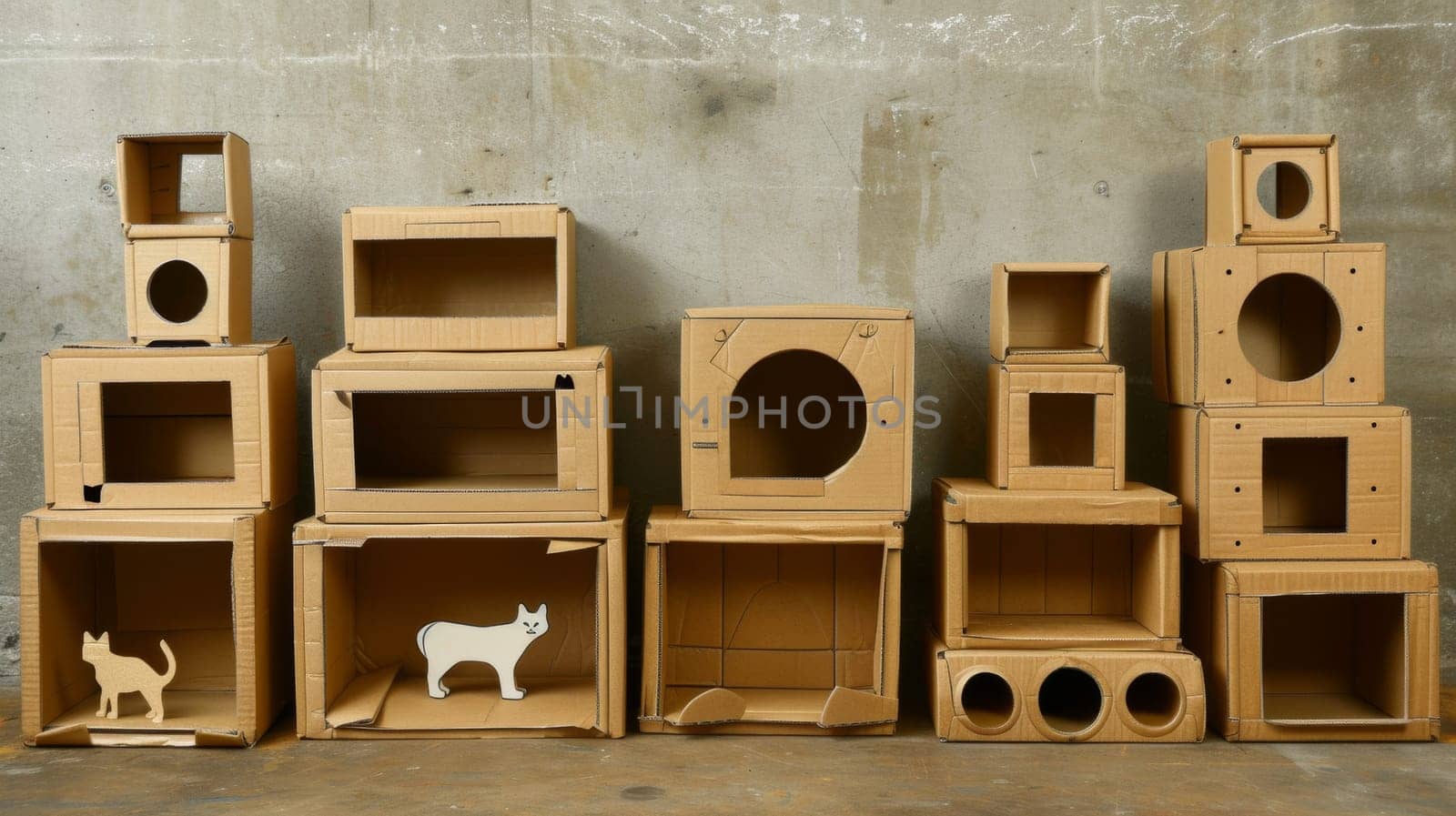 A group of cardboard boxes with cat and dog cut outs