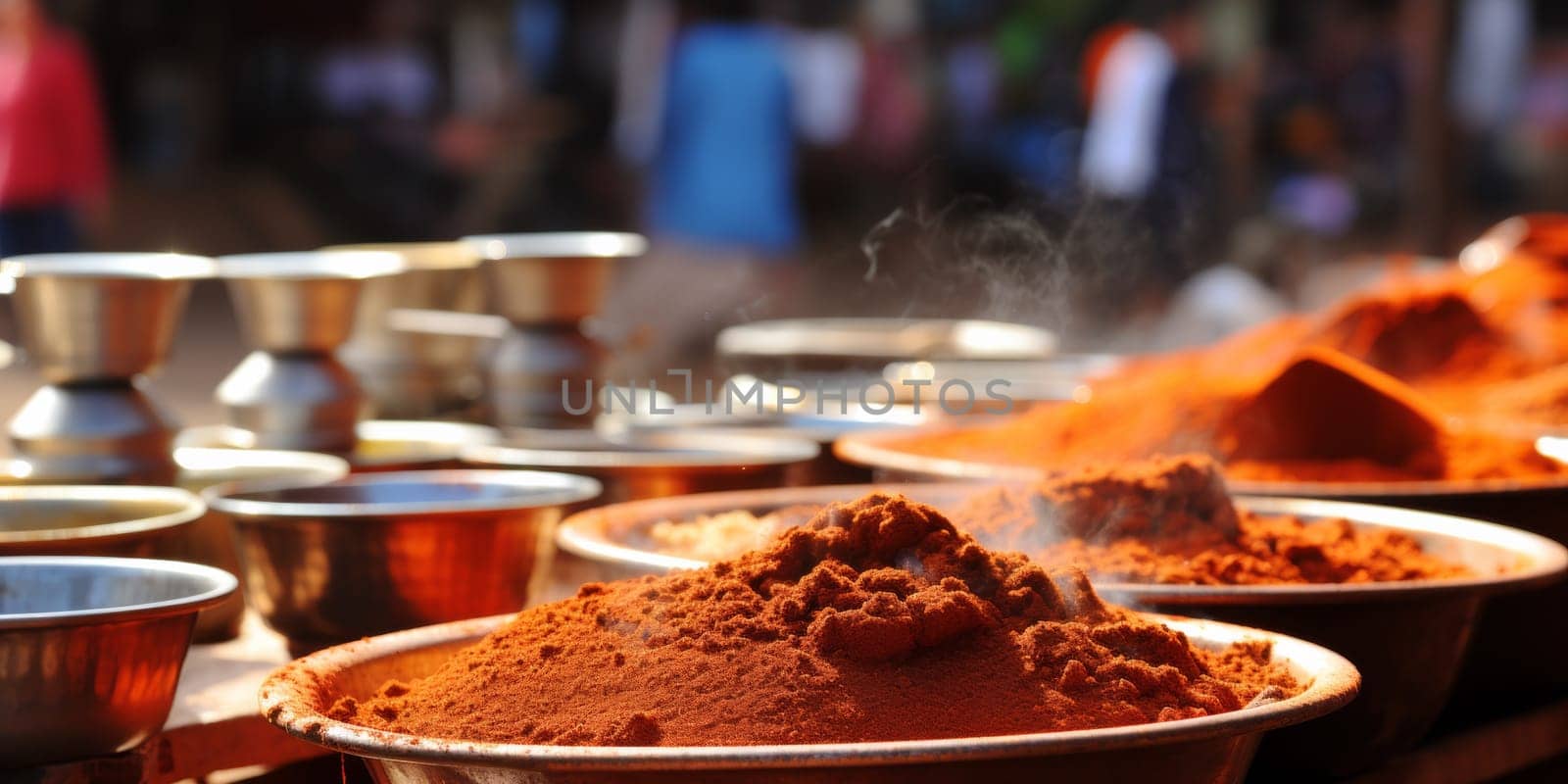 A bunch of bowls filled with different colored powders on a table, AI by starush