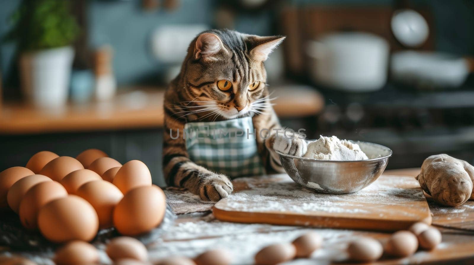 A cat in apron mixing ingredients with bowl and spoon