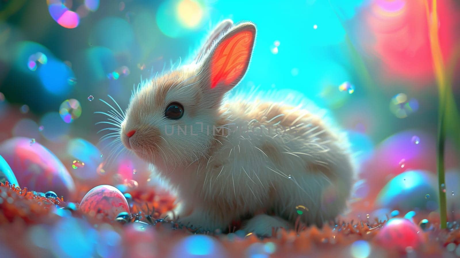 A small white bunny sitting on a colorful background with easter eggs