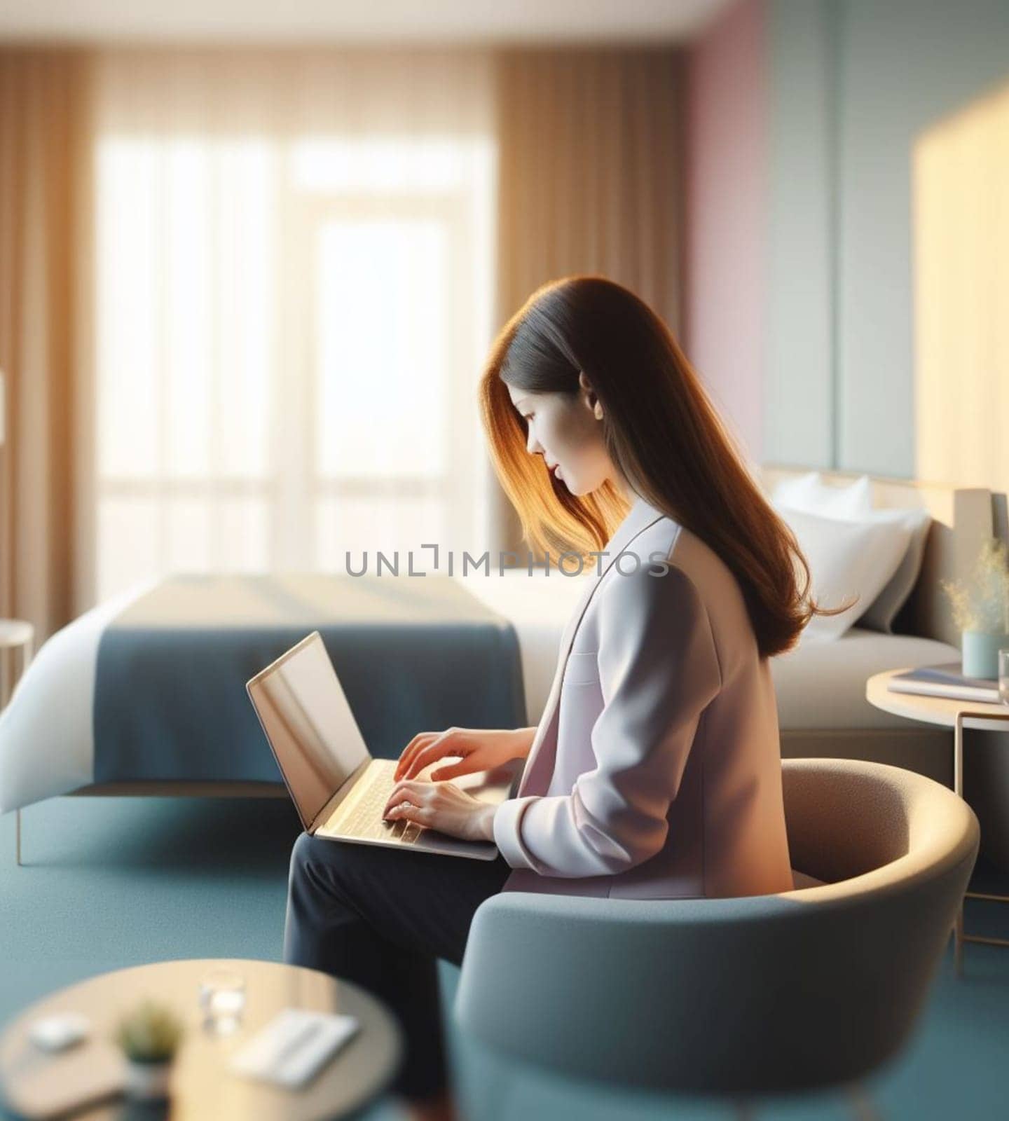 young boss manager trader woman remote work laptop luxury bedroom suite early morning panorama by verbano