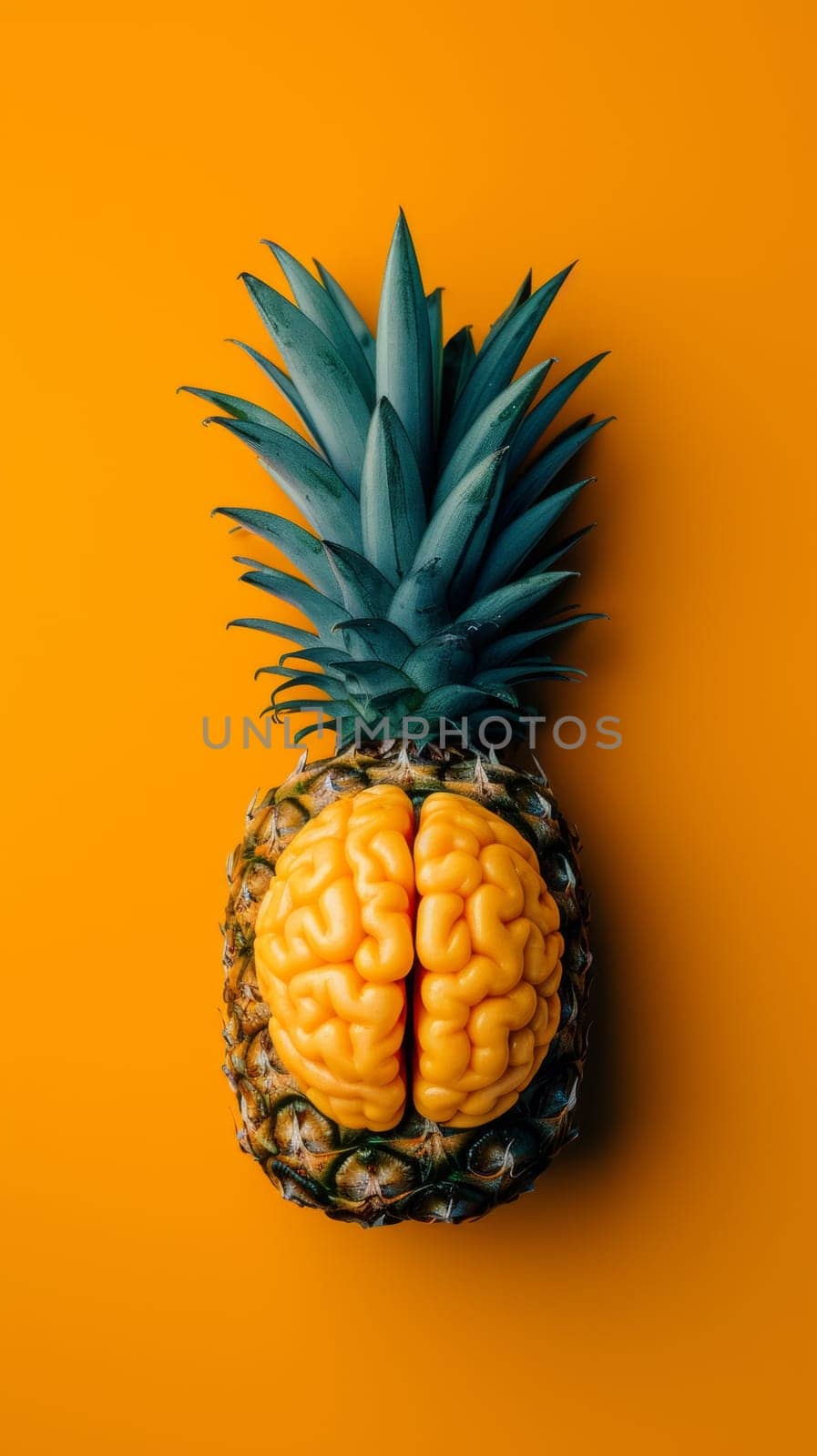 A pineapple with a brain inside of it on an orange background