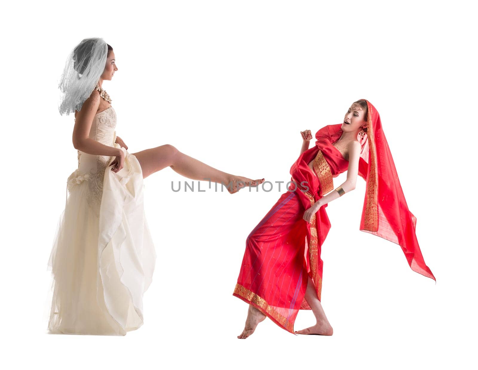 Fighting of brides, isolated on white. Modern vs. Traditional