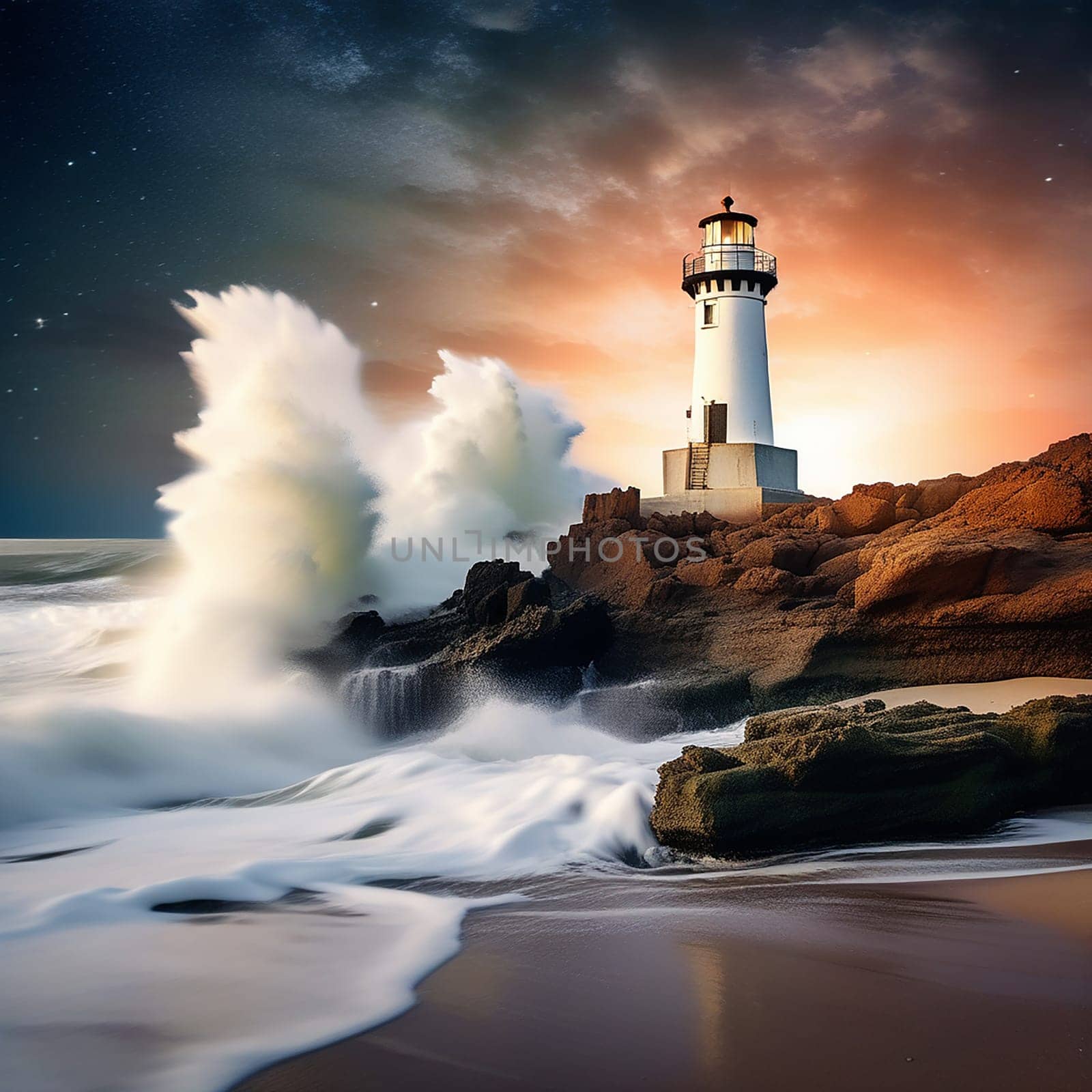 Luminous Coastal Symphony: Long Exposure of Sea Wave Foam and Beach Lighthouse