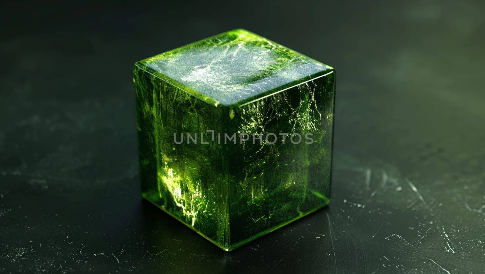 Emerald stone in the shape of a cube on a textured surface. 3D render of a faceted crystal. by Sneznyj