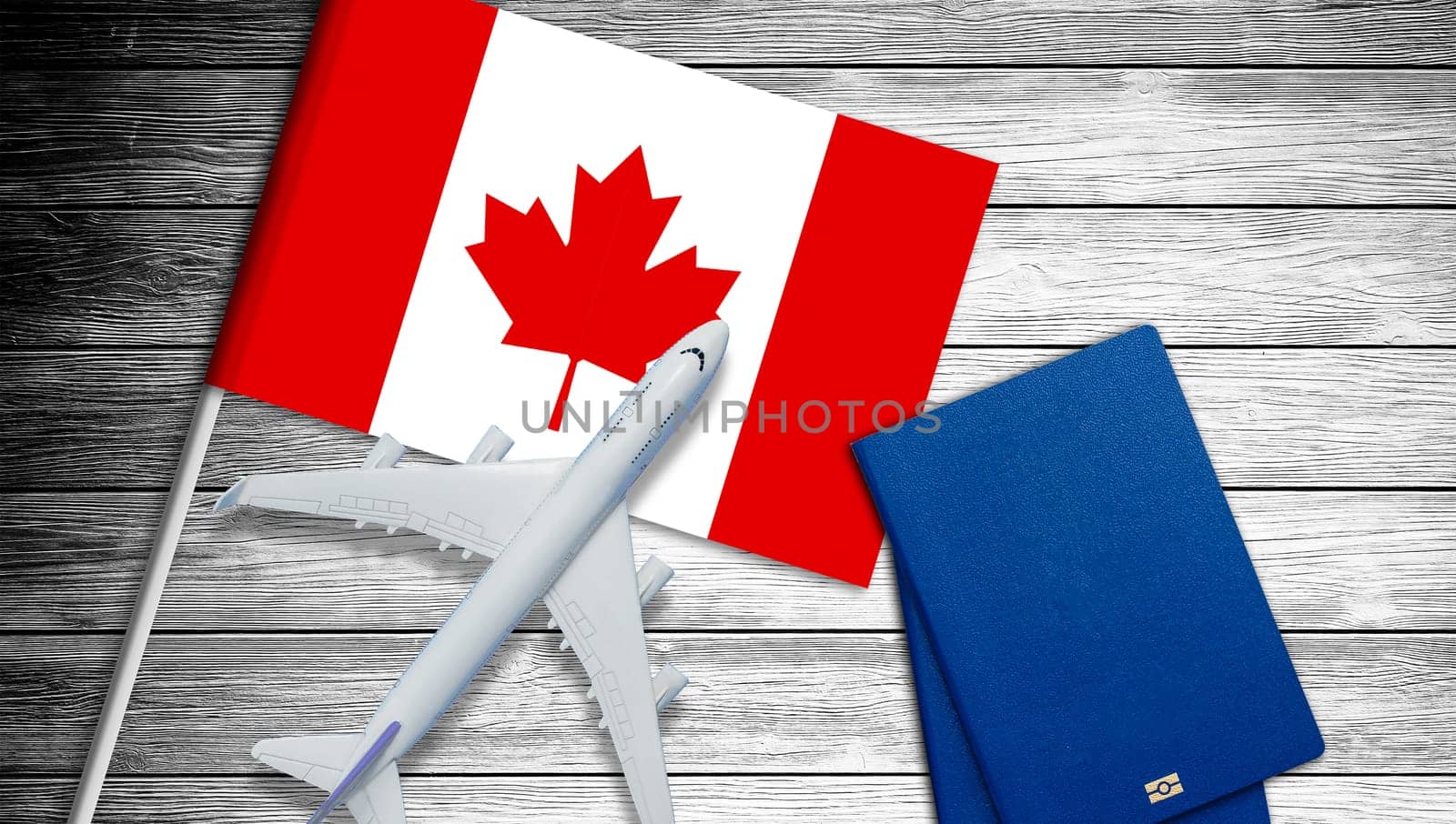 Illustration of a passenger plane flying over the flag of Canada. Concept of tourism and travel. High quality photo