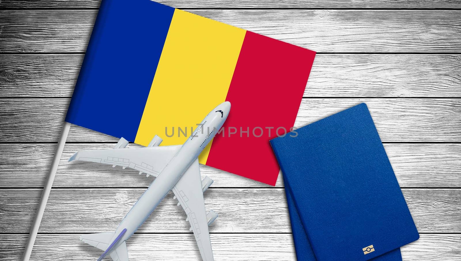 airplane model put on passport on wooden table, Preparation for Traveling concept. visa, flag. High quality photo